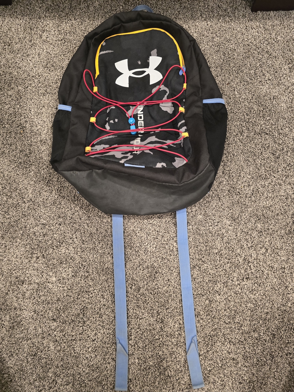 Under Armour Black Camo Backpack with Orange Trim and Red Bungees